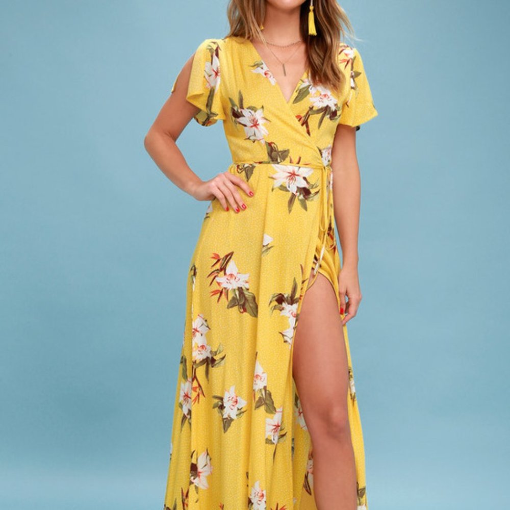 Lulus Heart of Marigold Yellow Tropical Print Wrap Maxi Dress